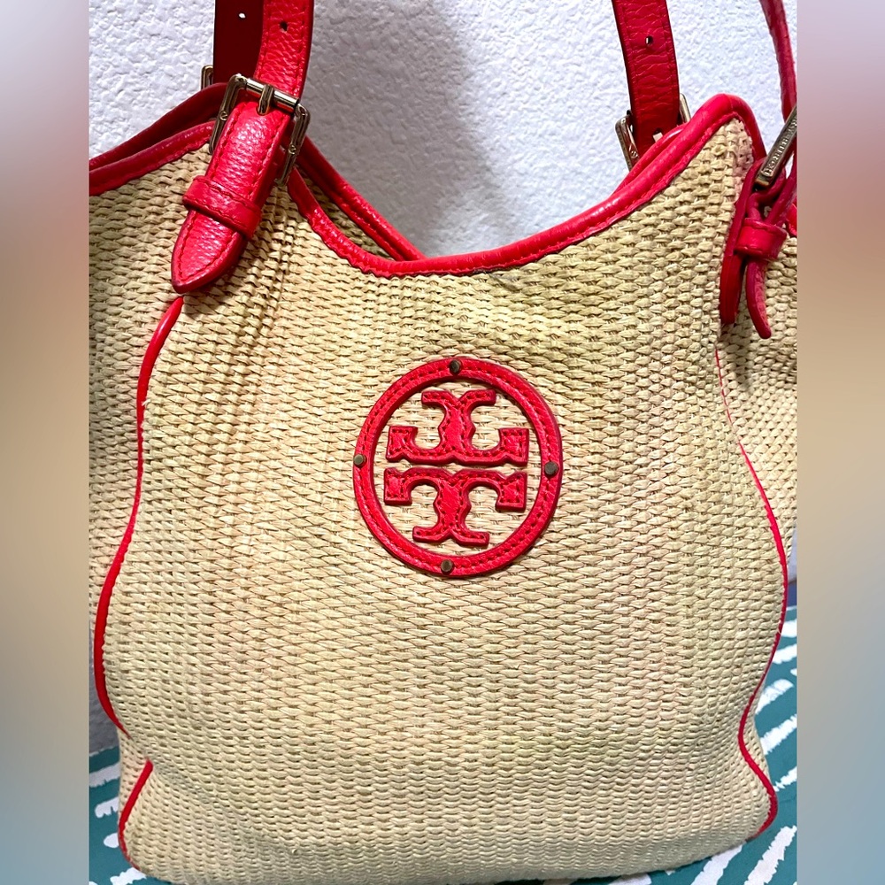 TORY BURCH Red and Tan woven bag